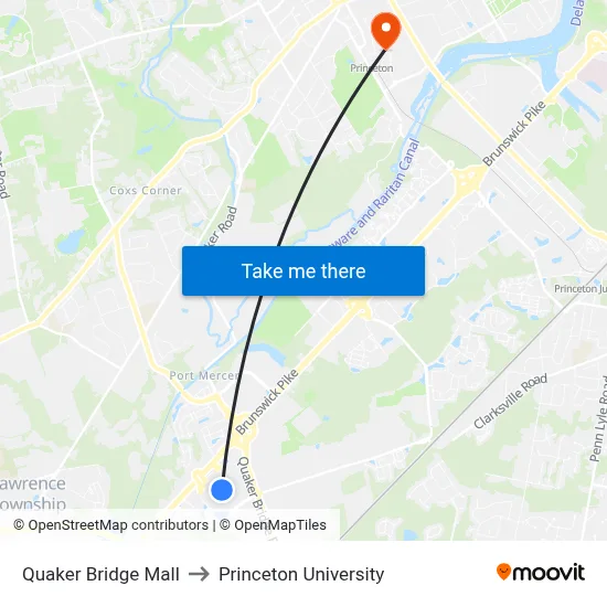 Quaker Bridge Mall to Princeton University map