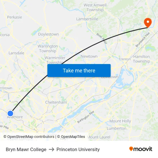 Bryn Mawr College to Princeton University map