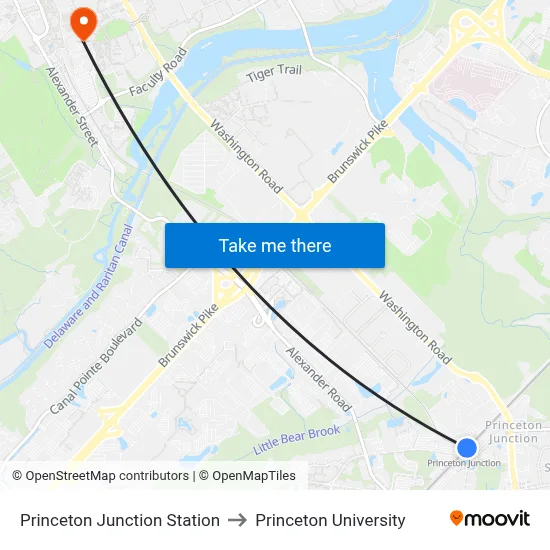 Princeton Junction Station to Princeton University map