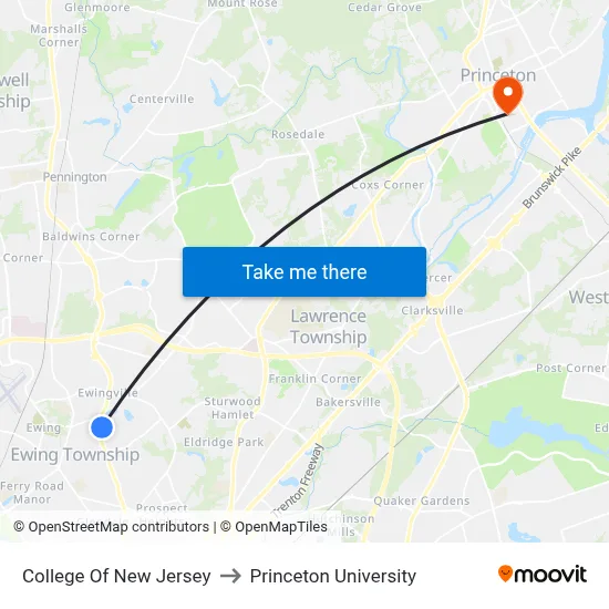 College Of New Jersey to Princeton University map