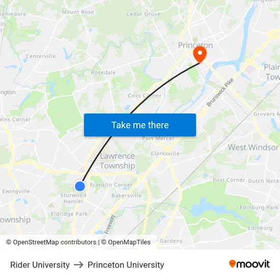 Rider University to Princeton University map