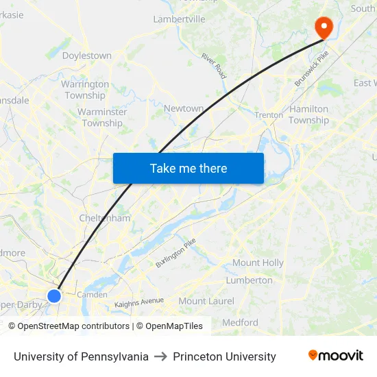 University of Pennsylvania to Princeton University map