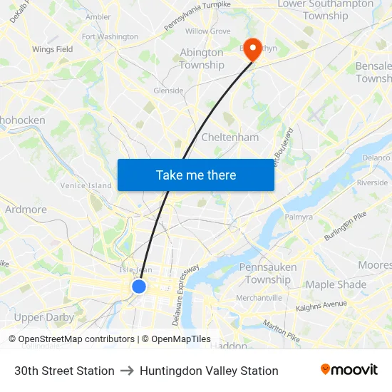 30th Street Station to Huntingdon Valley Station map