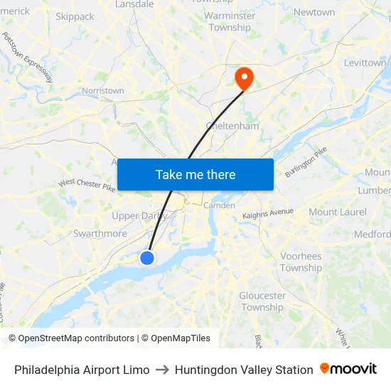 Philadelphia Airport Limo to Huntingdon Valley Station map