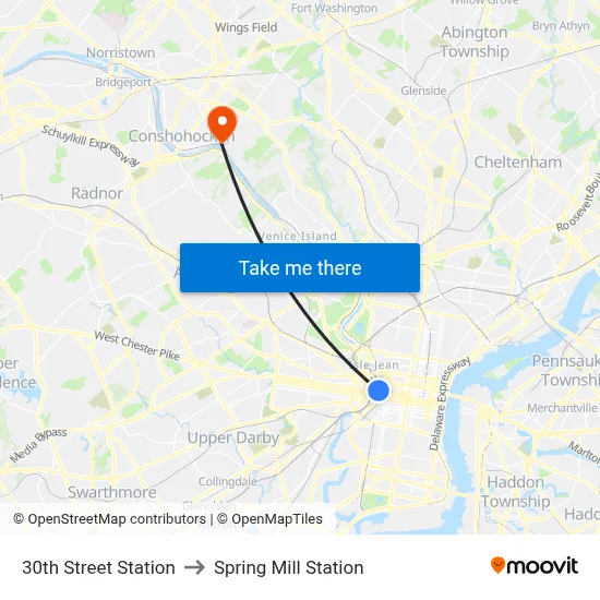 30th Street Station to Spring Mill Station map