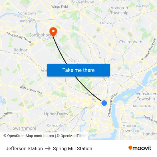 Jefferson Station to Spring Mill Station map