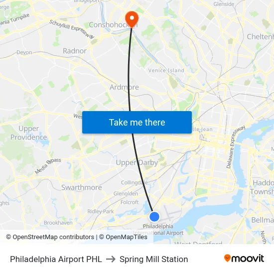 Philadelphia Airport PHL to Spring Mill Station map