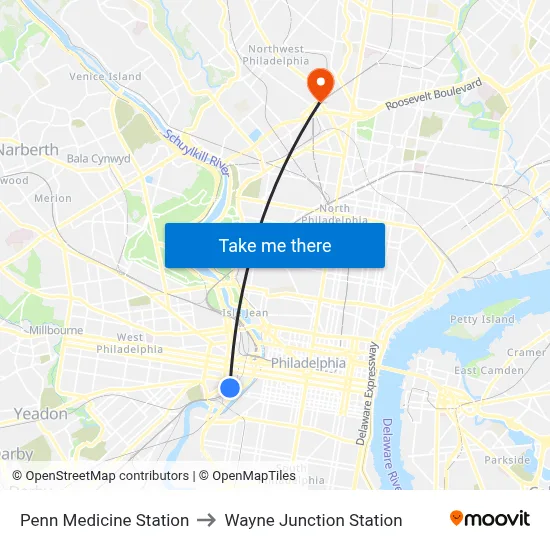 Penn Medicine Station to Wayne Junction Station map