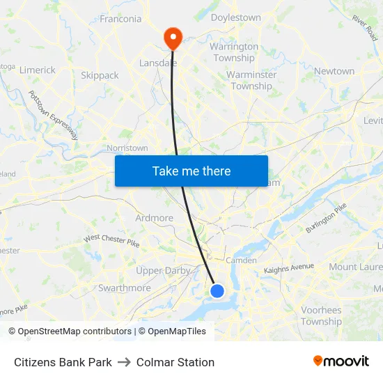 Citizens Bank Park to Colmar Station map