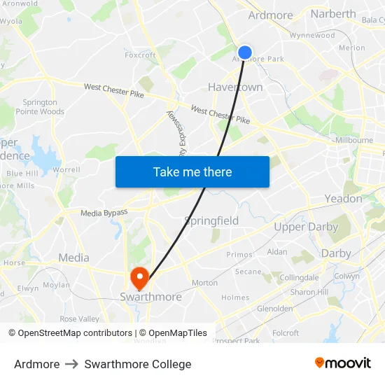 Ardmore to Swarthmore College map