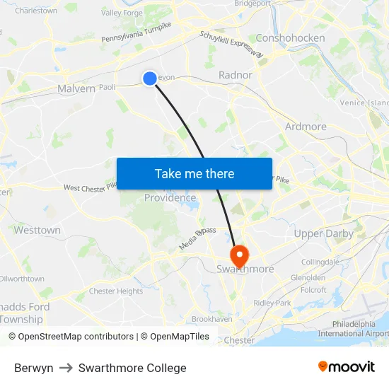 Berwyn to Swarthmore College map