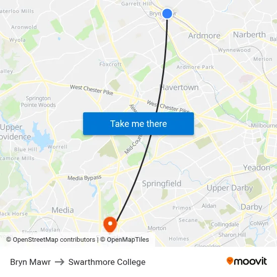 Bryn Mawr to Swarthmore College map