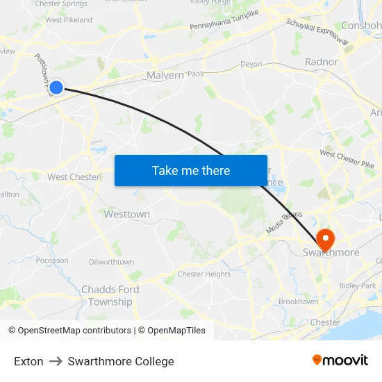 Exton to Swarthmore College map