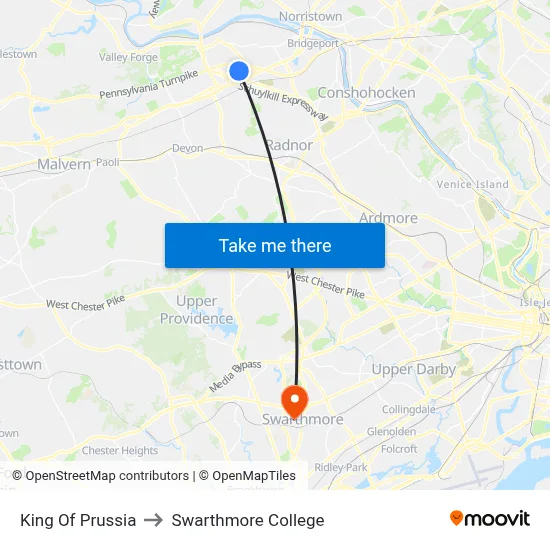 King Of Prussia to Swarthmore College map