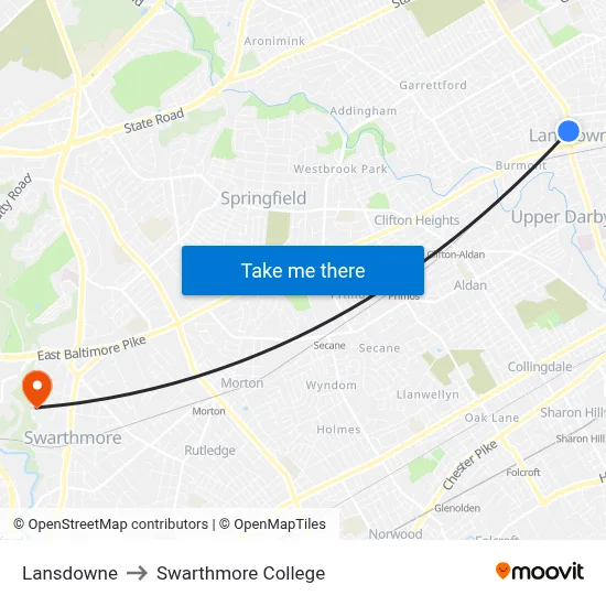 Lansdowne to Swarthmore College map