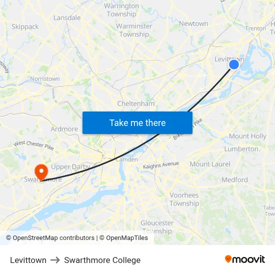 Levittown to Swarthmore College map
