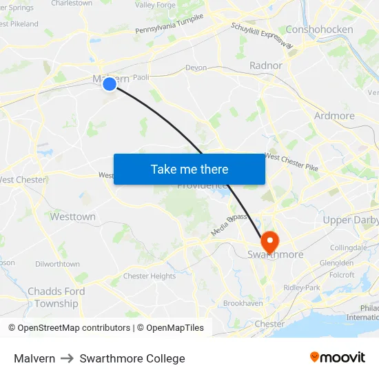 Malvern to Swarthmore College map