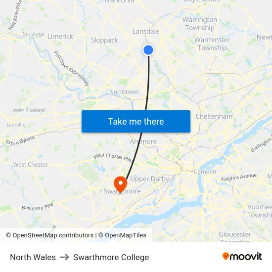 North Wales to Swarthmore College map