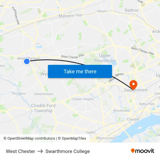 West Chester to Swarthmore College map