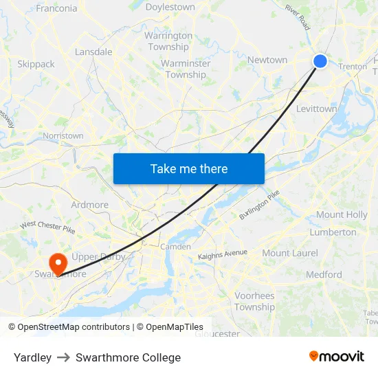 Yardley to Swarthmore College map
