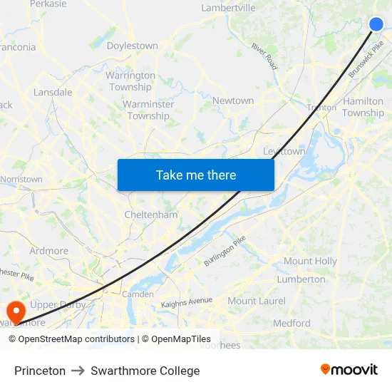 Princeton to Swarthmore College map