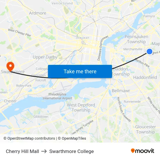 Cherry Hill Mall to Swarthmore College map
