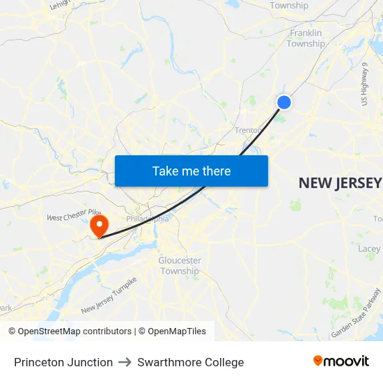 Princeton Junction to Swarthmore College map