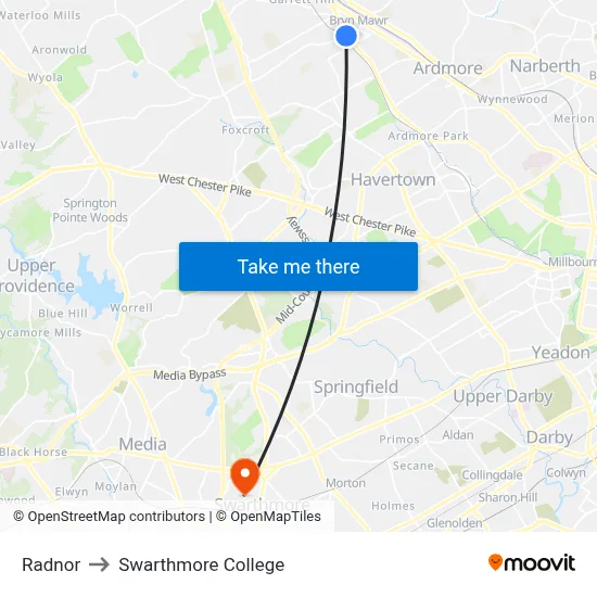 Radnor to Swarthmore College map