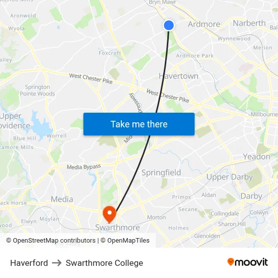 Haverford to Swarthmore College map