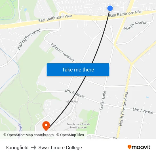 Springfield to Swarthmore College map