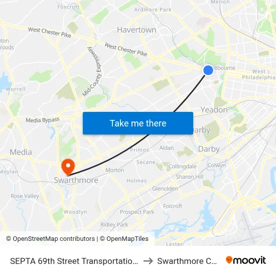 SEPTA 69th Street Transportation Center to Swarthmore College map