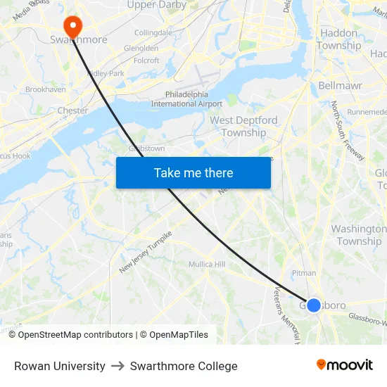 Rowan University to Swarthmore College map