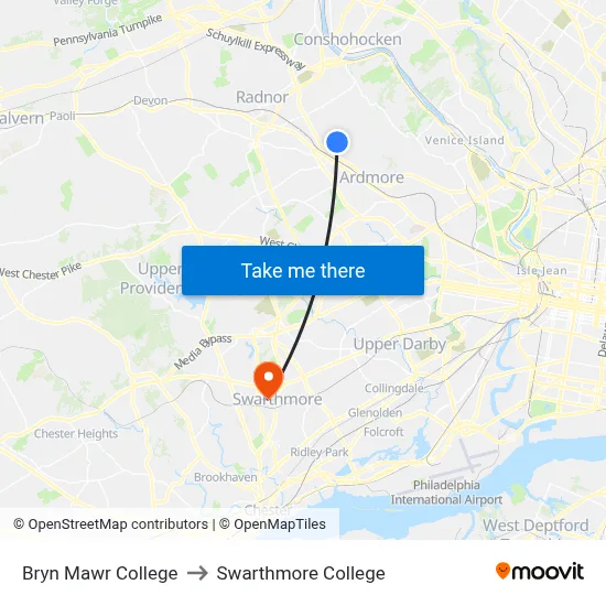 Bryn Mawr College to Swarthmore College map