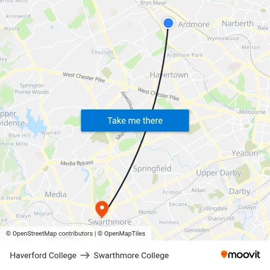 Haverford College to Swarthmore College map
