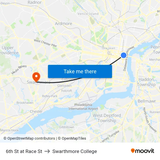 6th St at Race St to Swarthmore College map