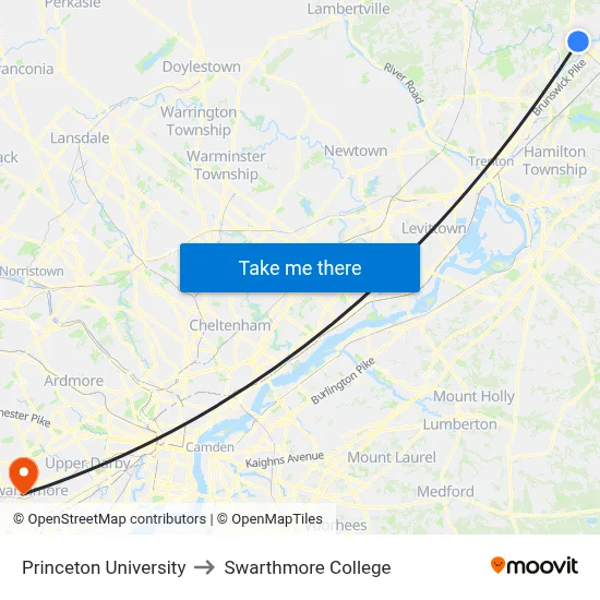 Princeton University to Swarthmore College map