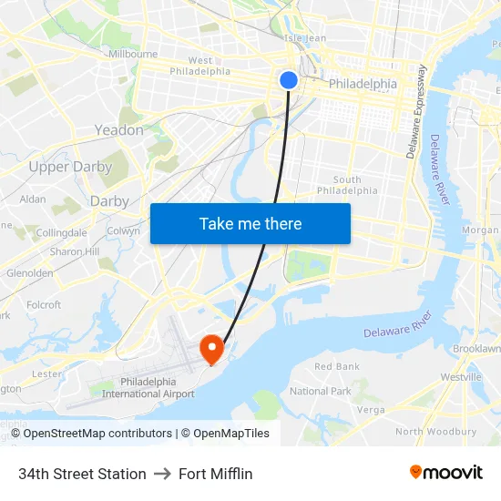 34th Street Station to Fort Mifflin map