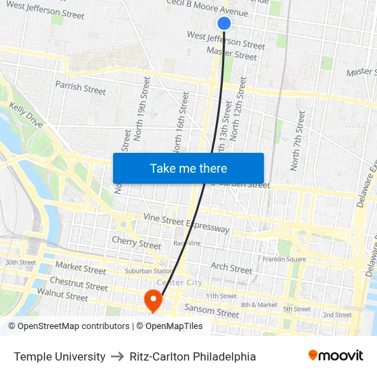 Temple University to Ritz-Carlton Philadelphia map