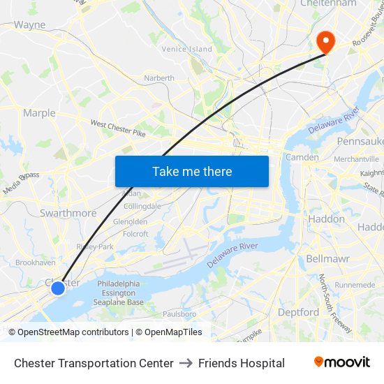Chester Transportation Center to Friends Hospital map