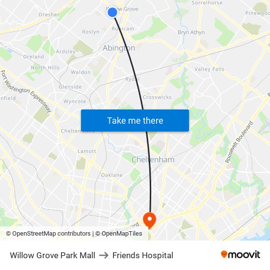 Willow Grove Park Mall to Friends Hospital map