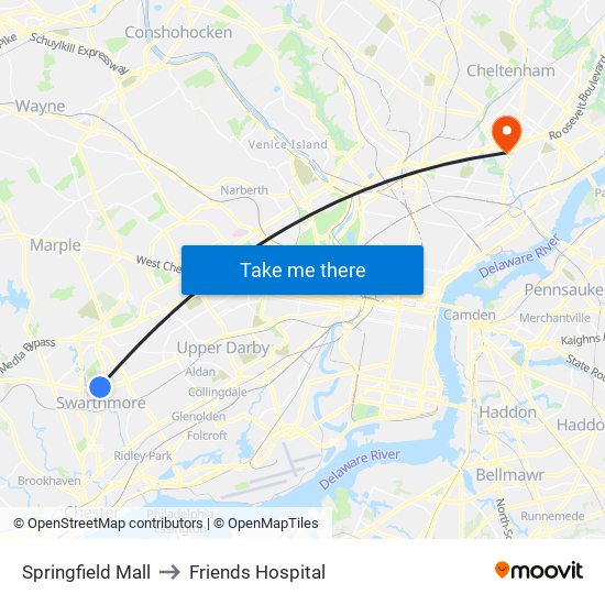 Springfield Mall to Friends Hospital map