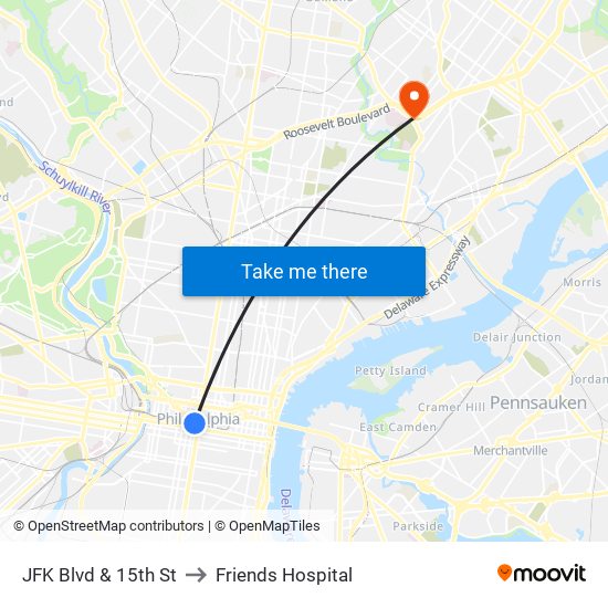 JFK Blvd & 15th St to Friends Hospital map