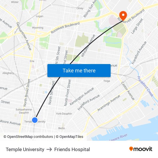 Temple University to Friends Hospital map