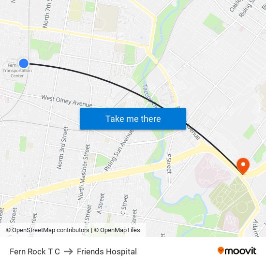 Fern Rock T C to Friends Hospital map