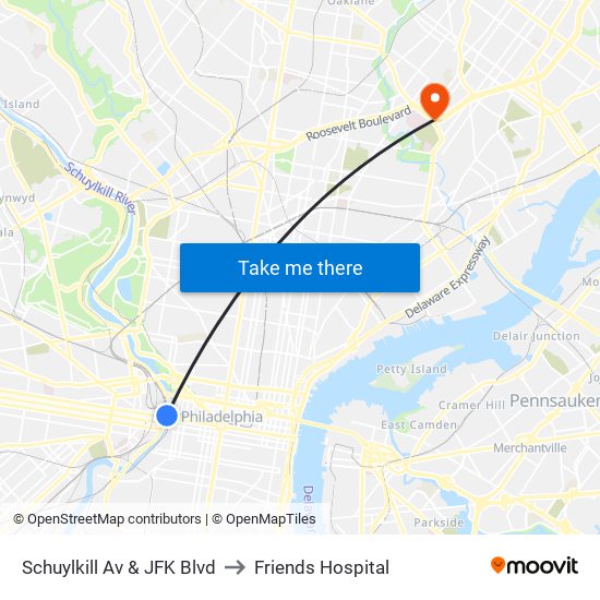 Schuylkill Av & JFK Blvd to Friends Hospital map