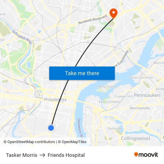 Tasker Morris to Friends Hospital map