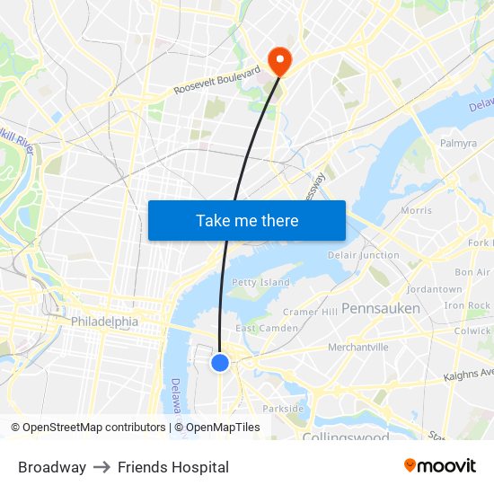 Broadway to Friends Hospital map