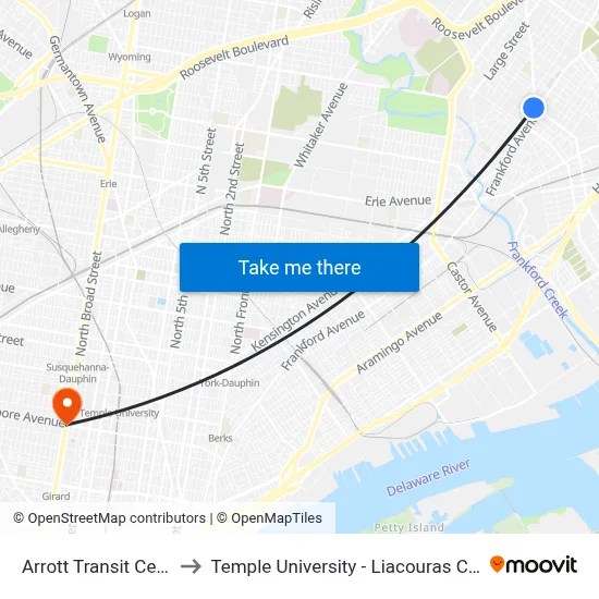Arrott Transit Center to Temple University - Liacouras Center map