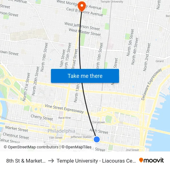 8th St & Market St to Temple University - Liacouras Center map
