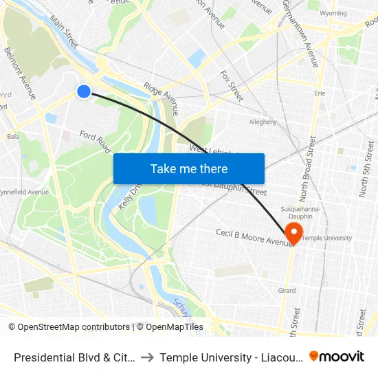 Presidential Blvd & City Line Av to Temple University - Liacouras Center map
